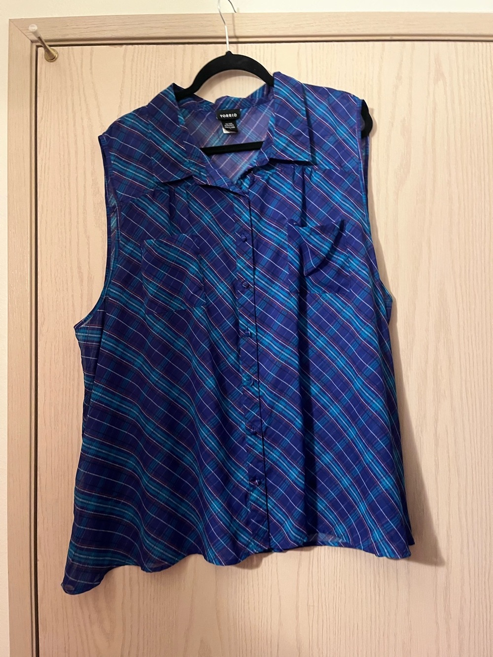 torrid Blue and Teal Plaid Sleeveless Button-Up Top